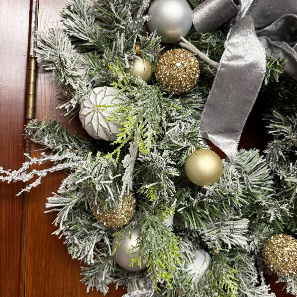 Elegant Silver and Gold Holiday frosted pine Wreath